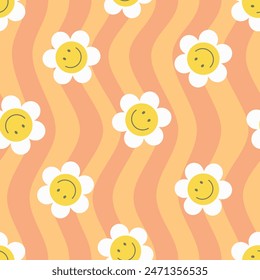 Y2k cute simple stripe seamless pattern with groovy daisy flowers. Spring and summer background. Background in trendy retro trippy 2000s style. Funny texture for surface design. Vector illustration