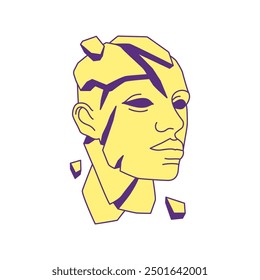 Y2k cyber man head cracked gypsum bust sculpture contemporary pop art icon vector flat illustration. Futuristic science fiction crush broken marble male monument psychedelic comic t shirt print