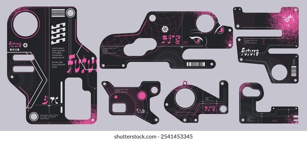 Y2k cyberpunk frames. Futuristic tech frame cyber punk japanese style, hud grunge interface abstract geometric element future technology design stickers, classy vector illustration