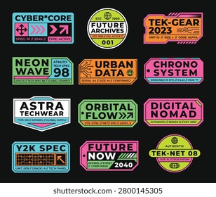 Y2K cyberPunk sticker patch collection with techwear labels futuristic streetwear badges and sci fi typography elements
