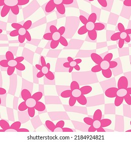 Y2K daisy flowers and checkers seamless pattern in groovy retro funky style. Organic shapes aesthetic print in cute 2000s trendy pallete. Curvy psychedelic summer floral decoration.