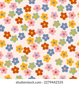 Y2K daisy flowers seamless pattern in groovy retro funky style. Simple shaped flowers vector background. Cozy vintage fabric print, textile, home deco.
