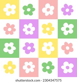 Y2k daisy grid seamless pattern. Colorful trendy checker board with flowers square. Pastel vintage background for textile, cover. Vector illustration.