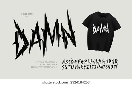 Y2k Damn Dark Lettering tattoo type font for tee print design. Trendy type font concept for Gothic Punk Rock and Death Rock print design. Rock style print design with t-shirt vector mockup