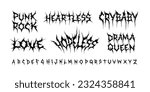 Y2k Dark Lettering tattoo vector type font. Grunge style type font with Gothic print designs of Love, Crybaby, Punk Rock, Drama Queen. Ghotic tattoo font concept. Rock n Roll style lettering