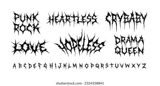 Y2k Dark Lettering tattoo vector type font. Grunge style type font with Gothic print designs of Love, Crybaby, Punk Rock, Drama Queen. Ghotic tattoo font concept. Rock n Roll style lettering