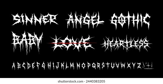 Y2k Dark Lettering tattoo vector type font and grunge style Gothic print designs of Sinner, Angel, Gothic, Love, Baby. Ghotic tattoo font concept. Rock n Roll style lettering