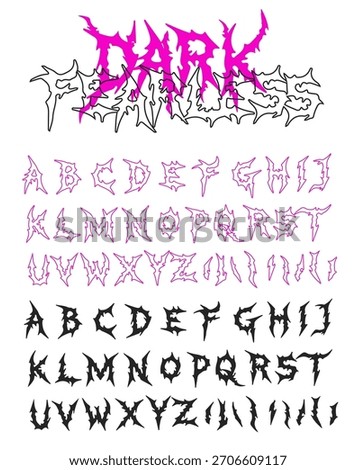 Y2k Dark Lettering tattoo vector type font in pink and black colors. Grunge style typeset in Gothic Emo Rock and Death Metal style. Scary tattoo font 00s concept.