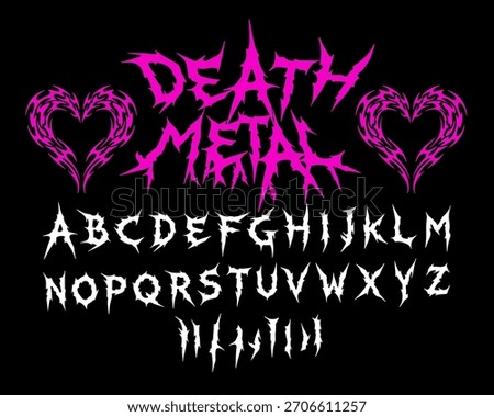 Y2k Dark Lettering tattoo vector type font. Grunge style type font with Gothic Emo Rock and Death Metal signs and symbols. Scary tattoo font 00s concept.