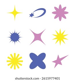 Y2K decorative shapes vector illustration pack, featuring retro-futuristic stars, sparkles, ovals, blobs, and abstract elements. Inspired by early 2000s aesthetics