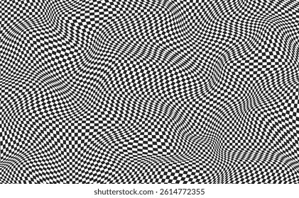 Y2k design for banner. Warped background with geometric graphic. Abstract chess square surface. Checkerboard wavy pattern. Checkered psychedelic optical illusion print. Vector illustration