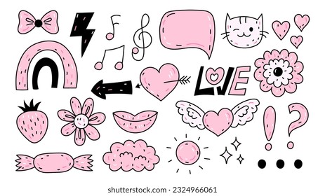 Y2k design elements set. Funny hand drawn emo stickers collection. Pink girlish doodle icons with heart, cat, flower, lips, rainbow. Vector illustration