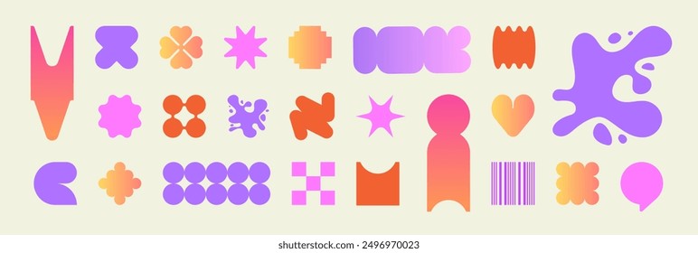 Y2K design elements. Trendy abstract minimalist figures, stars, blobs, flowers, circles, heart. Set of stickers, labels. Flat design. Gradients. Vectored shapes, retro vibes. Vector illustration.