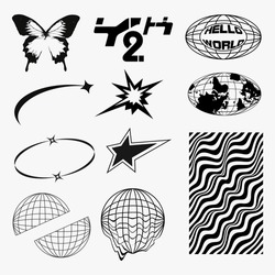 Y2k Design Projects, Globes, Butterfly, Stars, Abstract Shape For T Shirt Street Wear Fashion And Y2k Element Style