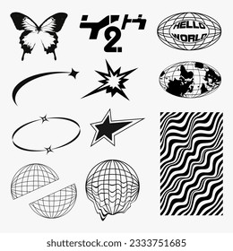 Y2k Design Projects, globes, butterfly, stars, abstract shape for t shirt street wear fashion and y2k element style