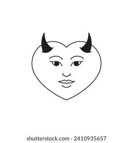 Y2k diablo corazón Halloween historieta caricatura símbolo del personaje del amor monocromo línea retro groovy icono ilustración vectorial. Impresión de camiseta con timbre de emoticono de melocotón meloso y romántico Día de San Valentín