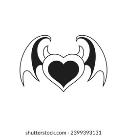 Y2k diablo corazón con bocinas y alas murciélago Halloween cómic monocromo línea retro groovy ilustración vectorial. Símbolo del elemento de dibujos animados de vampiros malvados de moda de amor para impresión de camisetas