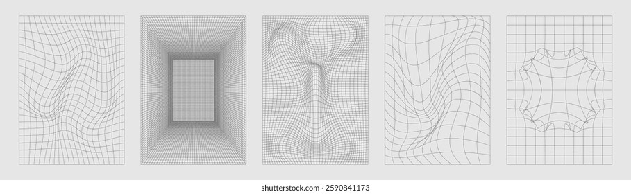 Y2k distorted grid backgrounds with wave, tunnel and abstract pattern effects. Minimalist line compositions. Retro wireframe textures for digital art or tech design. Surreal wavy and perspective bg.