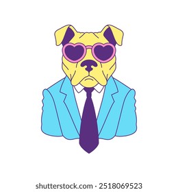 Y2k dog businessman in heart sunglasses psychedelic portrait contoured icon vector flat illustration. Funky fashion pet doggy domestic animal in blue tie suit comic contemporary pop art t shirt print