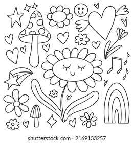 y2k doodle clip art elements set. Black outline design elements - smiling daisy flower, hearts with wings, mushroom, hearts, stars