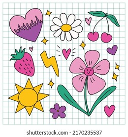 y2k doodle clip art elements set. Outlined bright colorful design elements - smiling daisy flower, hearts, strawberry, stars. Cute retro 90s 2000s colorful vector clip collection