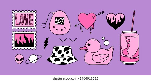 Y2K doodle set. Hand Drawn Trendy sticker pack. Pink 2000s collection. Soda, stamps, rubber duck, panama hat, emo hearts