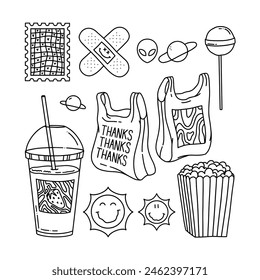 Y2K doodle vector collection. Summer 2000s vibes. Hand drawn Trendy retro set. Plastic bags, candy, Strawberry Milkshake, popcorn, sun. Stylized vector set