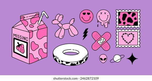 Y2K doodle vector set. Hand Drawn 2000s stickers. Kawaii Strawberry milk, balloon dog, stamps, swim ring in trendy style