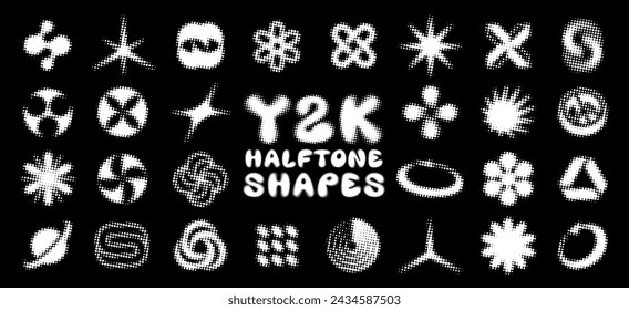 Y2K dotted halftone icons, collection of abstract pixelated shapes. Retro vector symbol set for a 2000s design aesthetic