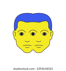 Y2k doble hombre se enfrenta a un personaje de caricatura psicodélico groovy style icono vectorial ilustración plana. Mellizos machos expresión facial alucinógenos bifurcación retrato surrealista pegatina de historieta moda camiseta impresión