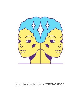 Y2k double woman magic twins face surreal trendy icon groovy style vector flat illustration. Funky female comic portrait psychedelic cartoon character contoured sticker for t shirt print isolated