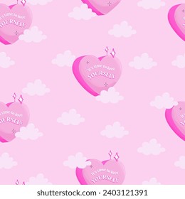 Y2K dream seamless pattern. Y2K trendy pink pattern with a heart in clouds. Dreamcore aesthetics. Vector seamless background.