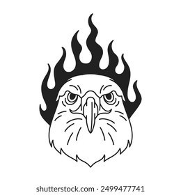 Y2k eagle hawk falcon head with burning flame art tattoo outline icon vector flat illustration. Strong wild predator bird portrait psychedelic groovy monochrome black artwork for t shirt print emblem