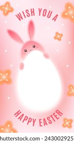 Y2k Easter Poster with Pink Baby Rabbit, Big Egg and Sakura Flowers. Cute Spring Bunny Character. Blurry Gradient Background. Glow Watercolor Illustration in East Style