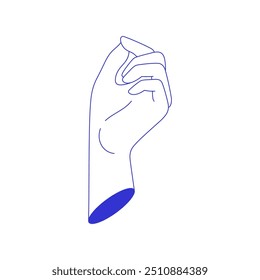 Y2k elegante mano de mujer que muestra la línea de cómic psicodélica de uñas ilustración plana de Vector. Gracia brazo femenino cerrado palma monumento escultura arte pop contemporáneo azul sketch camiseta impresión