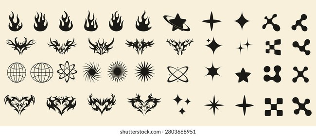 Y2K element set with retro future stars, tribal gothic shapes, flames, wireframe globes and abstract tech symbols