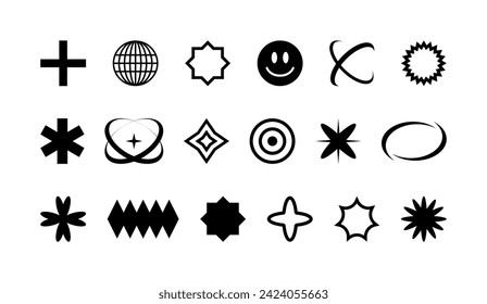 Y2K Element Set, Retro-futuristische Memphis Brutalismus Symbole. Einfache Formulare einzeln auf transparentem Hintergrund