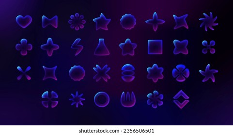 Y2K elements. 3D geometric icons. Gradient heart or star. Abstract retro flower. Simple purple shapes. Squares and circles. Creative neon stickers set. Vector colorful exact design
