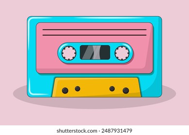 y2k elements, 90x cassette for tape recorder. Vector illustration in trendy retro cartoon style. Bright colors, black outline.