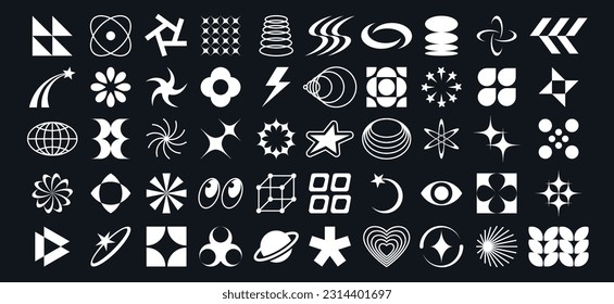 Y2k elements. Abstract geometric stars, simple globe and minimal 2000 bauhaus techno shapes. 90s brutalism, acid rave y2k isolated vector retro icons. Different symbols as heart, lightning and planet