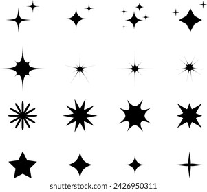 y2k elements for design. Shine star icons set. Sparkles and sparks signs collection. Black twinkles