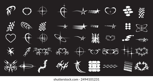 Y2k elements for design.Trendy geometric brutalism forms, memphis elements. Simple shapes forms, symbols and frames y2k style.