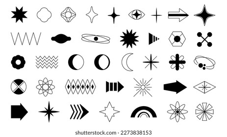 Y2k elements geometric shape and stars. Minimalist 80s graphic symbols. Futuristic, cyberpunk retro design. Arrow and sphere, decent black vector figure