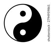 Y2K elements illustration with black and white yin yang symbol, circular outline, curved halves. Isolated monochrome shape on a white background, suitable for stickers, icons, labels, and layouts.