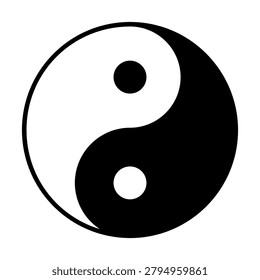 Y2K elements illustration with black and white yin yang symbol, circular outline, curved halves. Isolated monochrome shape on a white background, suitable for stickers, icons, labels, and layouts.