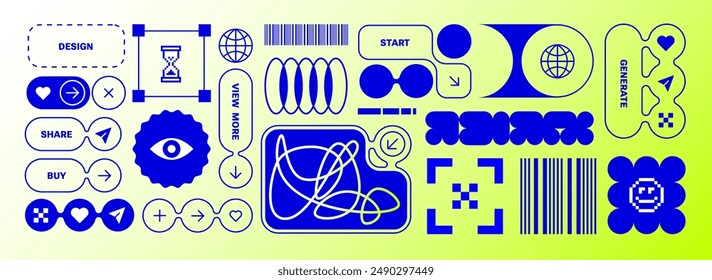 Y2k elements. Objects for composition. Trendy stickers. Flat design. Cyber funky style, 90s. Brutalist abstract shapes. Neon background, zine aesthetic. Vectored shapes, retro vibes. blue monochrome