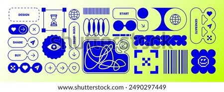 Y2k elements. Objects for composition. Trendy stickers. Flat design. Cyber funky style, 90s. Brutalist abstract shapes. Neon background, zine aesthetic. Vectored shapes, retro vibes. blue monochrome