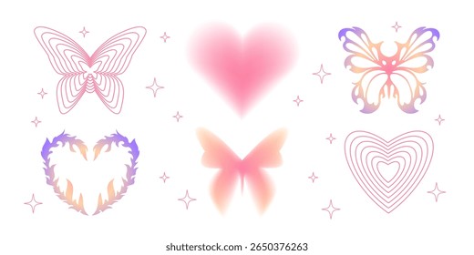 Y2K elements with pink line art butterfly wings, gradient purple yellow insects, blurred heart shape, love symbols and sparkle stars. Retro 2000s aesthetic graphics for nostalgic design decorations.