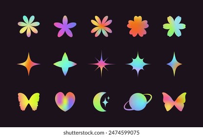 Y2K elements set. Abstract trendy gradient shapes. 00s style design elements.