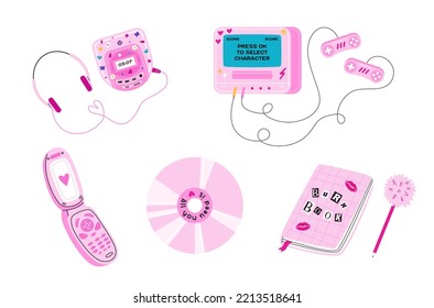 Y2K elements set. Disk, cd-player, retro console, burn book, Flip Phone. Flat vector illustration isolated on white background